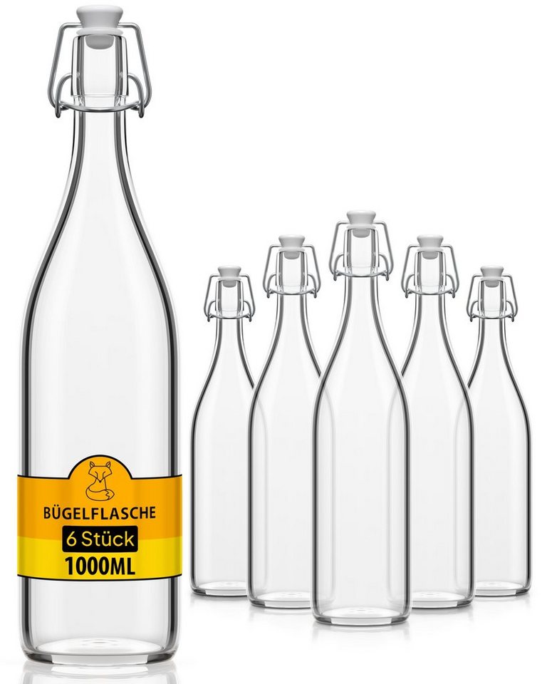 Flaschen-Fuchs Vorratsdose 1000ml Flaschen zum Befüllen Bügelverschluss Schnaps Likörflaschen, Glas, (6er Set) von Flaschen-Fuchs