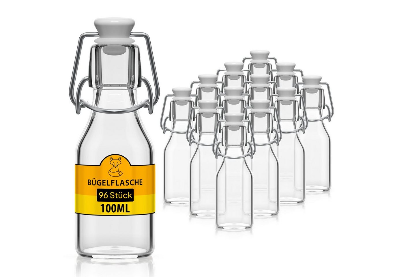 Flaschen-Fuchs Vorratsglas 100ml Flaschen zum Befüllen Bügelverschluss Schnaps Likörflaschen, Glas, (96er Set) von Flaschen-Fuchs