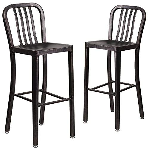 Flash Furniture Barhocker mit Rückenlehne – Metall-Barstuhl für Innen- und Außenbereich – Tresenstuhl ideal für die gewerbliche Nutzung – 2er Set – Schwarz-Gold, 50.8 x 39.37 x 109.22 cm von Flash Furniture