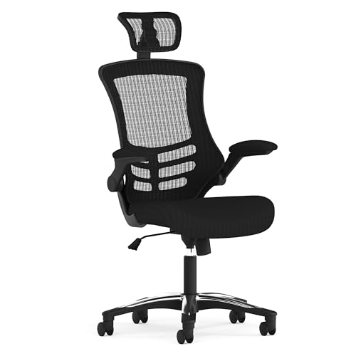 Flash Furniture Bürostuhl, ergonomisch, mit Netz-Rückenunterstützung, hoher Rückenlehne mit Kopfstütze, höhenverstellbarem Sitz und feststellbarem Kipphebel, schwarz, 61 x 65 x 133 cm von Flash Furniture