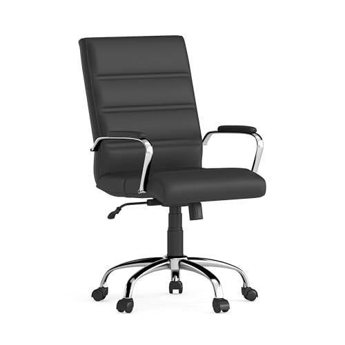 Flash Furniture Chefsessel, ergonomischer Bürostuhl, mit geformtem und höhenverstellbarem Ledersitz, Chrom-Armlehnen und feststellbarem Kipphebel, schwarz, 61 x 58 x 104 cm von Flash Furniture