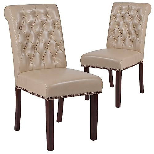 Flash Furniture 2 Pk. Hercules Series Beige Leather Parsons Chair with Rolled Back, Accent Nail Trim and Walnut Finish von Flash Furniture