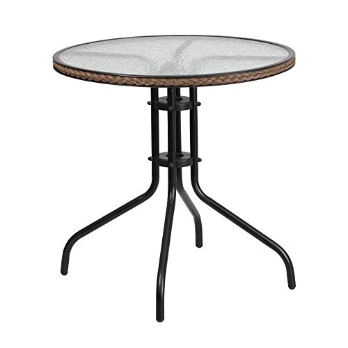 Flash Furniture Barker runder Tisch aus gehärtetem Glas mit dunkelbrauner Rattaneinfassung, 71,1 cm von Flash Furniture