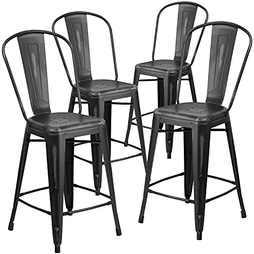 Flash Furniture Blake Commercial Grade 4 Stück 61 cm hoher Hocker aus schwarzem Metall für drinnen und draußen mit Rückenlehne von Flash Furniture