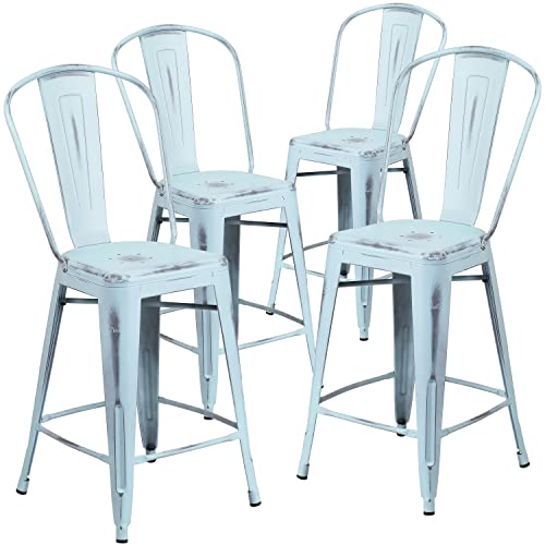 Flash Furniture 4 Pk. 24'' High Distressed Green-Blue Metal Indoor-Outdoor Counter Height Stool with Back von Flash Furniture