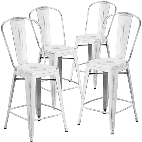 Flash Furniture Blake Commercial Grade 4 Stück 61 cm hoher Hocker aus weißem Metall für drinnen und draußen mit Rückenlehne von Flash Furniture