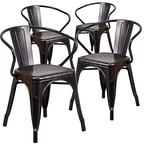 Flash Furniture Roy Stuhl mit Armlehnen, Metall, für drinnen und draußen, Schwarz, Antik-Gold, 4 Stück von Flash Furniture