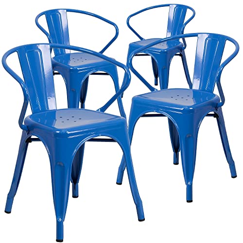 Flash Furniture Roy Stuhl mit Armlehnen, kommerzielle Qualität, Metall, für drinnen und draußen, Blau, 4 Stück von Flash Furniture