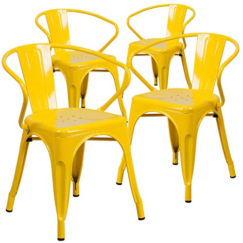 Flash Furniture 4 Pk. Yellow Metal Indoor-Outdoor Chair with Arms - 4-CH-31270-YL-GG von Flash Furniture