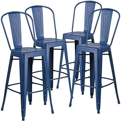 Flash Furniture 4 Stück Barhocker mit Rückenlehne, Metall, 76 cm, Schwarz 4 Pack Antik-Blau von Flash Furniture