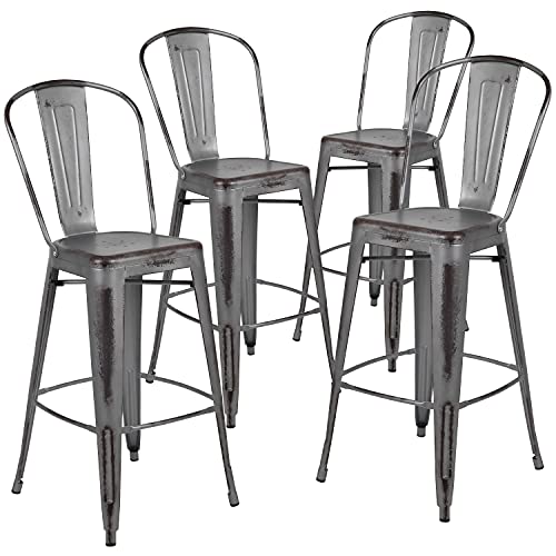 Flash Furniture 4 Stück Barhocker mit Rückenlehne, Metall, 76 cm, Schwarz 4 Pack Silbergrau von Flash Furniture