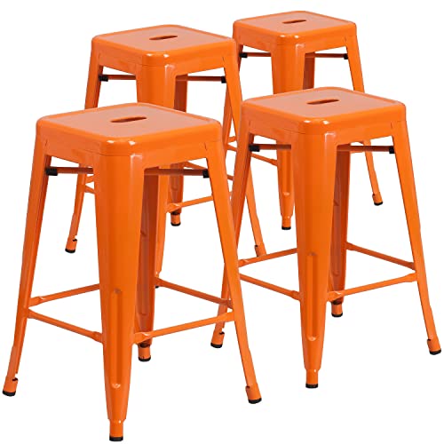 Flash Furniture Barhocker, kommerzielle Qualität, 61 cm hoch, ohne Rückenlehne, Metall, für Innen- und Außenbereich, Thekenhöhe, quadratische Sitzfläche, Kunststoff, Gummi, orange, 4 Stück von Flash Furniture