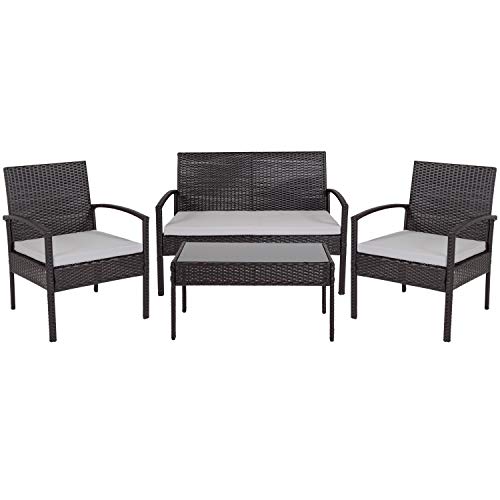 Flash Furniture Aransas Serie 4-teiliges Terrassenset mit Stahlrahmen und Kissen, Harz, Schwarz, 4-Piece Set von Flash Furniture