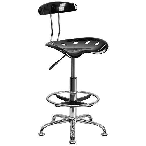 Flash Furniture Arbeitshocker mit Rückenlehne – Ergonomischer Schreibtischstuhl höhenverstellbar mit Fußring aus Metall – Bürostuhl mit Traktorsitz für Home Office – Schwarz, 50.8 x 43.82 x 104.14 cm von Flash Furniture