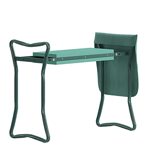 Flash Furniture Assisi Faltbare Garten-Kniebank – doppelseitige grüne Schaumstoffpolsterung – grüner geschweißter Eisenrohrrahmen – abnehmbare Werkzeugtasche von Flash Furniture