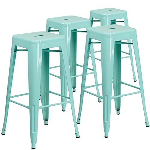 Flash Furniture Barhocker mit quadratischem Sitz, 76,2 cm hoch, rückenfrei, Metall, 4 Stück, Eisen, Kunststoff, mintgrün, 4er-Set von Flash Furniture