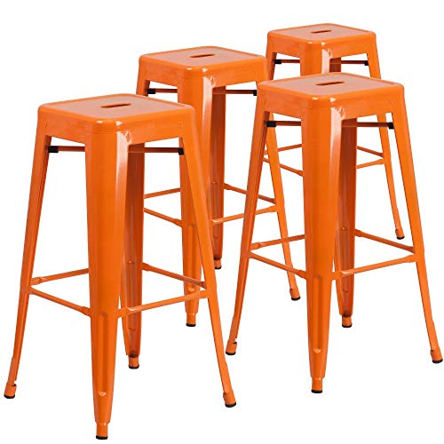 Flash Furniture Barhocker, kommerzielle Qualität, 76 cm hoch, ohne Rückenlehne, Metall, für Innen- und Außenbereich, quadratische Sitzfläche, Kunststoff, Gummi, orange, 4 Stück von Flash Furniture