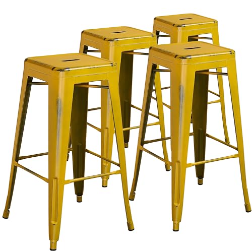 Flash Furniture Barhocker aus Metall, 76,2 cm hoch, rückenfrei, Used-Look, 4 Stück, Kunststoff, Eisen, Distressed Yellow, 4er-Packung von Flash Furniture