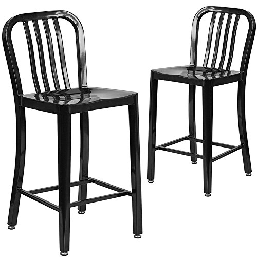 Flash Furniture Barhocker mit Rückenlehne – Metall-Barstuhl für Innen- und Außenbereich – Tresenstuhl ideal für die gewerbliche Nutzung – 2er Set – Schwarz, 48.26 x 40.01 x 92.08 cm von Flash Furniture