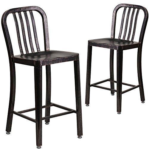 Flash Furniture Barhocker mit Rückenlehne – Metall-Barstuhl für Innen- und Außenbereich – Tresenstuhl ideal für die gewerbliche Nutzung – 2er Set – Schwarz-Gold, 48.26 x 40.01 x 92.08 cm von Flash Furniture