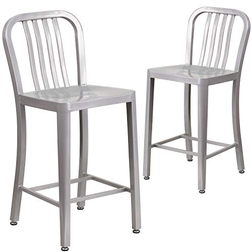 Flash Furniture Barhocker mit Rückenlehne – Metall-Barstuhl für Innen- und Außenbereich – Tresenstuhl ideal für die gewerbliche Nutzung – 2er Set – Silber von Flash Furniture