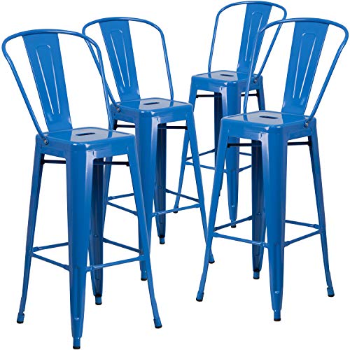 Flash Furniture Barhocker mit Rückenlehne aus Metall, 76,2 cm hoch, 4 Stück, Kunststoff, verzinkter Stahl, blau, 4er-Set von Flash Furniture
