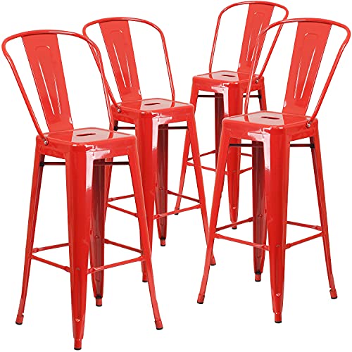 Flash Furniture Barhocker mit Rückenlehne aus Metall, 76,2 cm hoch, 4 Stück, Kunststoff, verzinkter Stahl, rot, 4er-Set von Flash Furniture