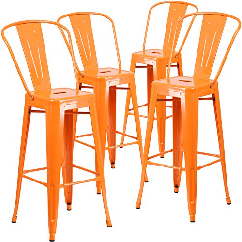 Flash Furniture Barhocker mit Rückenlehne aus Metall, 76,2 cm hoch, 4 Stück, Verzinkter Stahl, Kunststoff, Orange, 4er-Set von Flash Furniture