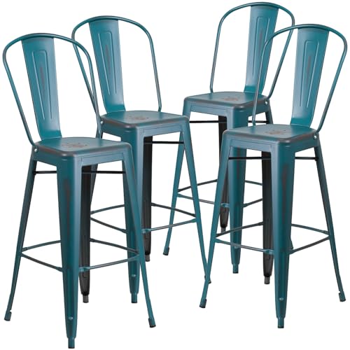 Flash Furniture Blake Barhocker mit Rückenlehne, kommerzielle Qualität, 76,2 cm hoch, Used-Look, Blaugrün, Metall, für drinnen und draußen, 4 Stück von Flash Furniture