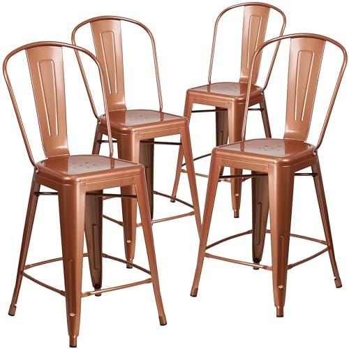 Flash Furniture Blake Handelsübliche Qualität, 61 cm hoch, Kupfermetall, für drinnen und draußen, Thekenhöhe mit Rückenlehne, 4 Stück Flash Furniture Blake Handelsübliche Qualität, 61 cm hoch, Kupfermetall, für drinnen und draußen, Thekenhöhe mit Rückenlehne, 4 Stück von Flash Furniture