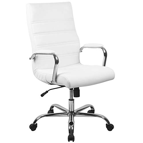 Flash Furniture Chefsessel, ergonomischer Bürostuhl, mit geformtem und höhenverstellbarem Ledersitz, hoher Rückenlehne, Chrom-Armlehnen und feststellbarem Kipphebel, weiß von Flash Furniture