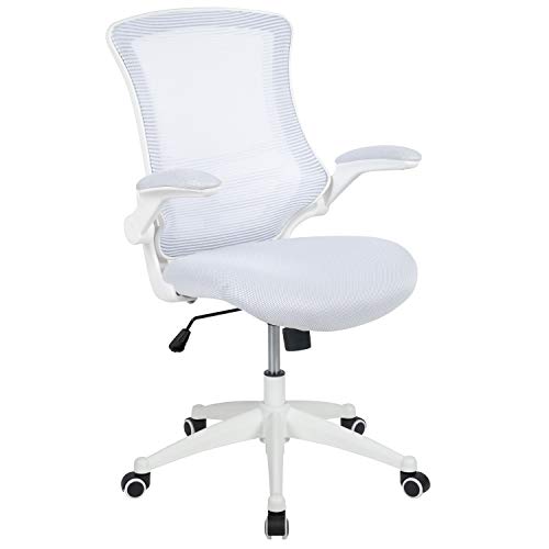 Flash Furniture Bürostuhl mit mittelhoher Rückenlehne – Ergonomischer Schreibtischstuhl mit hochklappbaren Armlehnen und Netzstoff – Perfekt für Home Office oder Büro – Weiß, 64.77 x 62.23 x 104.78 cm von Flash Furniture