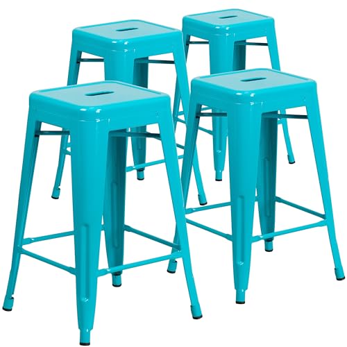 Flash Furniture Bunter Hocker aus Metall für Restaurants, Kunststoff, Eisen, Kristall Blaugrün, 4 Pack von Flash Furniture