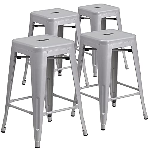 Flash Furniture Bunter Hocker aus Metall für Restaurants, Kunststoff, verzinkter Stahl, Silber, 4 Stück in der Packung von Flash Furniture