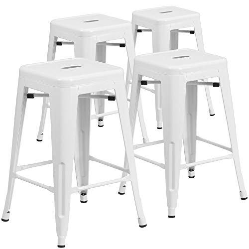 Flash Furniture Bunter Hocker aus Metall für Restaurants, Verzinkter Stahl, Kunststoff, Weiß, 4 Stück in der Packung von Flash Furniture