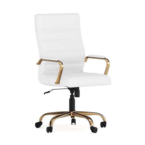 Flash Furniture Chefsessel, Drehstuhl, weißes Leder, goldfarbenes Gestell, 69 x 66 x 109 cm (B x T x H), High Back von Flash Furniture
