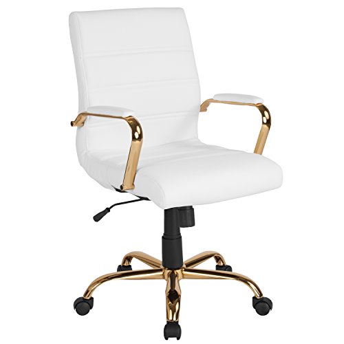 Flash Furniture Chefsessel, Metall Leder Schaumstoff Chrom, Weißes Lederweich/goldfarbener Rahmen, Mid Back von Flash Furniture