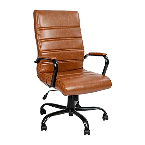 Flash Furniture Bürostuhl mit hoher Rückenlehne, braunes LeatherSoft, weicher Chefsessel, Drehstuhl mit schwarzem Gestell und Armlehnen von Flash Furniture