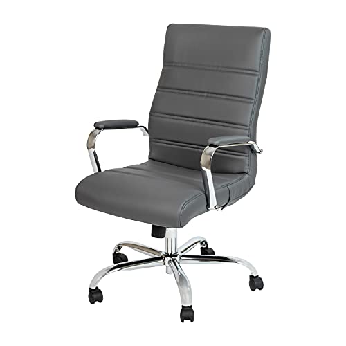 Flash Furniture Chefsessel mit hoher Rückenlehne, drehbarer Bürostuhl mit Metall-Armlehnen, Leder, graues LeatherSoft, Chrom-Gestell, 1 Stück von Flash Furniture
