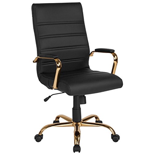Flash Furniture Chefsessel mit hoher Rückenlehne, Leder, Chromfuß und Armlehnen Modern 26" W x 27" D x 43" H Black Leather/Gold Frame von Flash Furniture