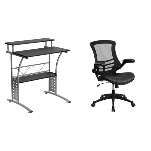 Flash Furniture Computer-Schreibtisch, Bürotisch mit schwarzer Laminat-Tischplatte, stabil und kompakt, Heimbüro-Tisch mit silberfarbenem Gestell und Ablagefach, Bürostuhl,schwarz von Flash Furniture