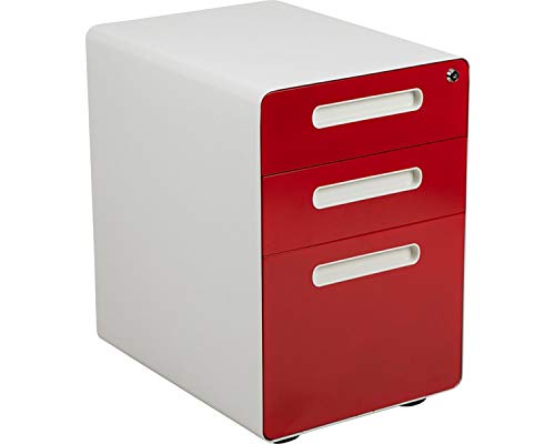 Flash Furniture Ergonomischer Aktenschrank mit 3 Schubladen, mit Kippmechanismus, Brief-/Rechtsschublade, Weiß mit roter Frontplatte von Flash Furniture