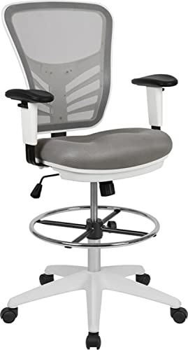 Flash Furniture Ergonomischer Stuhl mit verstellbarem Chrom-Fußring, verstellbare Armlehnen und weißem Rahmen, Hellgrau von Flash Furniture