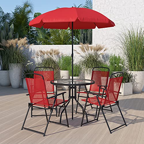 Flash Furniture Glas-Terrassentisch und Stuhl, rot, 6-Piece Set von Flash Furniture