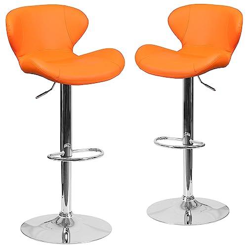 Flash Furniture Moderner Barhocker, höhenverstellbar, mit gebogener Rückenlehne und Chromfuß, 2 Stück, Metall, Schaumstoff, Sperrholz, Chrom, Orange Vinyl, Set of 2 von Flash Furniture