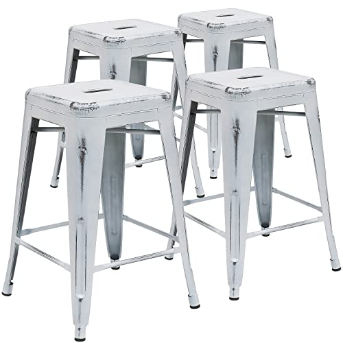 Flash Furniture Kommerzielle Qualität, 61 cm hoch, rückenfrei, Metall, für Innen-und Außenbereich, 4 Stück, Kunststoff, Eisen, Distressed White, 4er-Packung von Flash Furniture