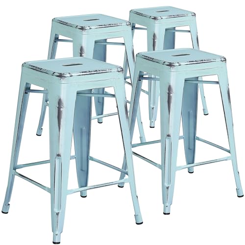 Flash Furniture Kommerzielle Qualität, 61 cm hoch, rückenfrei, Metall, für Innen-und Außenbereich, 4 Stück, Kunststoff, Eisen, Distressed grün-blau, 4er-Packung von Flash Furniture