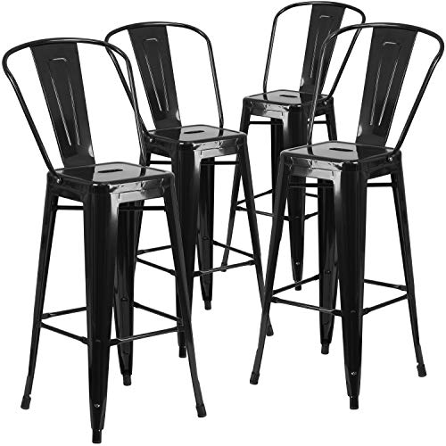 Flash Furniture Lily Barhocker, kommerzielle Qualität, 76 cm hoch, schwarzes Metall, für Innen- und Außenbereich, entfernbare Rückenlehne, 4 Stück von Flash Furniture