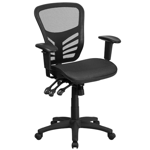 Flash Furniture Chefsessel mit verstellbaren Armlehnen, vielseitig, drehbar, mittelhohe Rückenlehne, transparente, schwarzes Mesh, Metall, 58,4 x 72,4 x 111,3 cm von Flash Furniture