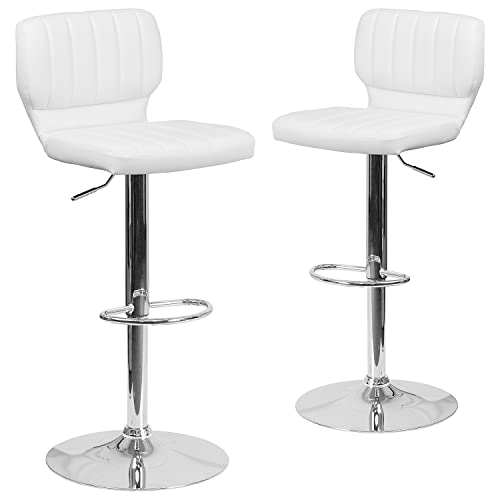 Flash Furniture Moderner Barhocker, höhenverstellbar, mit vertikaler Naht auf der Rückseite und Chromfuß, 2 Stück, Sperrholz, Metall, Schaumstoff, Chrom, Weißes Vinyl, 2er-Set von Flash Furniture